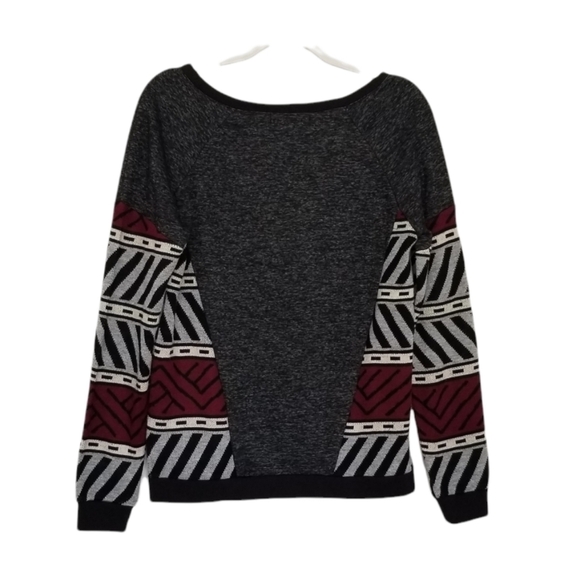 Sanctuary Colorblock Gray Sweatshirt Sweater with Knit Aztec Print Accent. - Picture 1 of 7